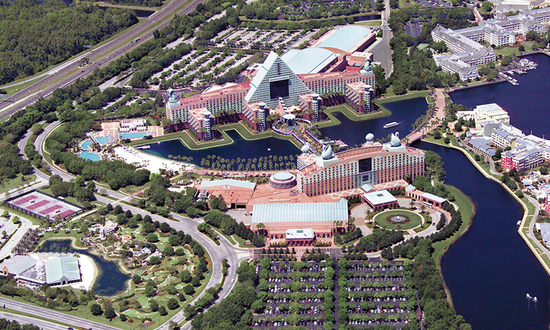 Aerial view of the Walt Disney World Swan and Dolphin Resort