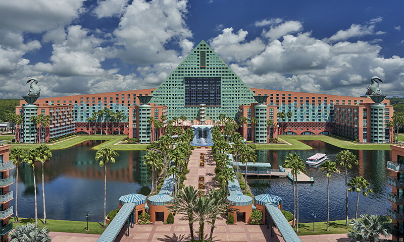 Exterior view of the Walt Disney World Dolphin taken from the Walt Disney World Swan